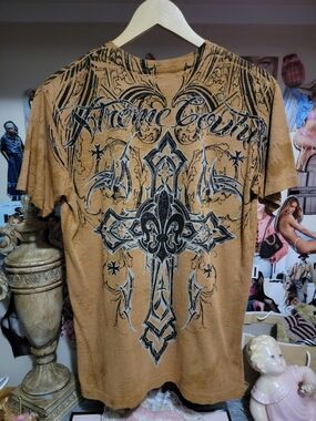 Y2K Xtreme Couture Affliction Rust Cross Grunge Graphic Tee